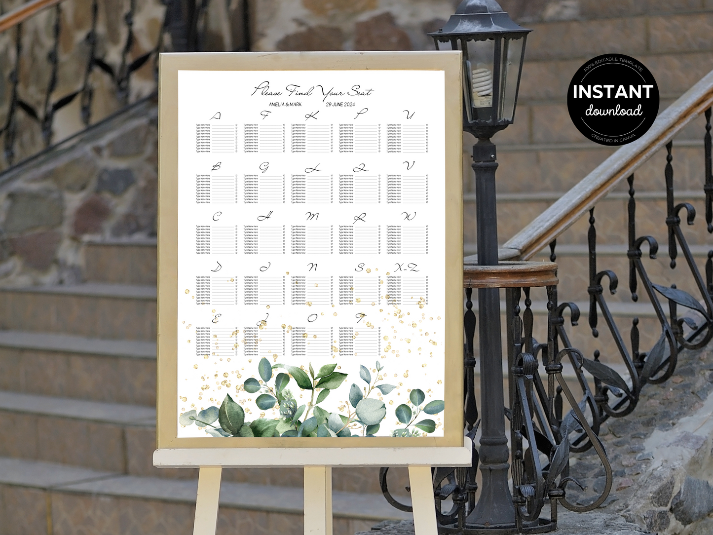 Eucalyptus & Gold Wedding Alphabetical Seating Chart Templates, Printable Templates