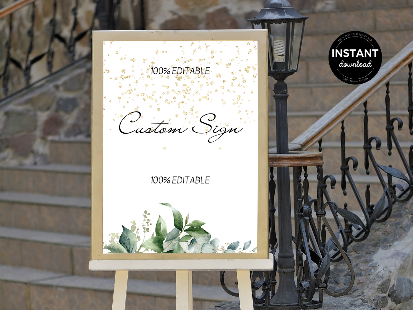 Eucalyptus & Gold Wedding Sign Template Bundle, Printable Templates