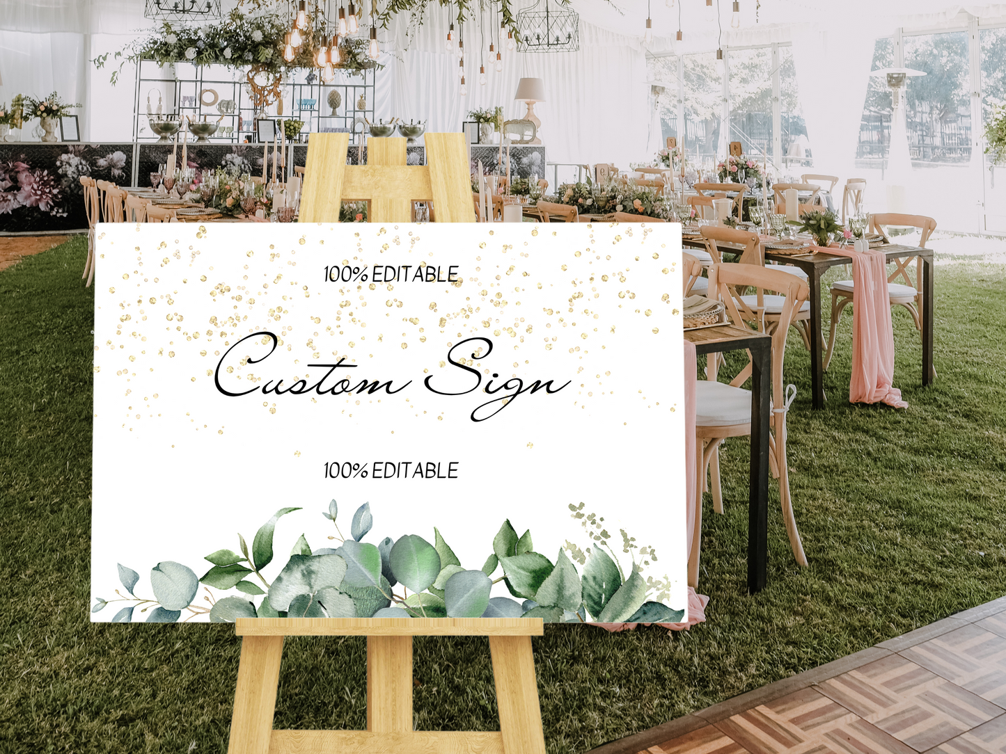 Eucalyptus & Gold Wedding Sign Template Bundle, Printable Templates