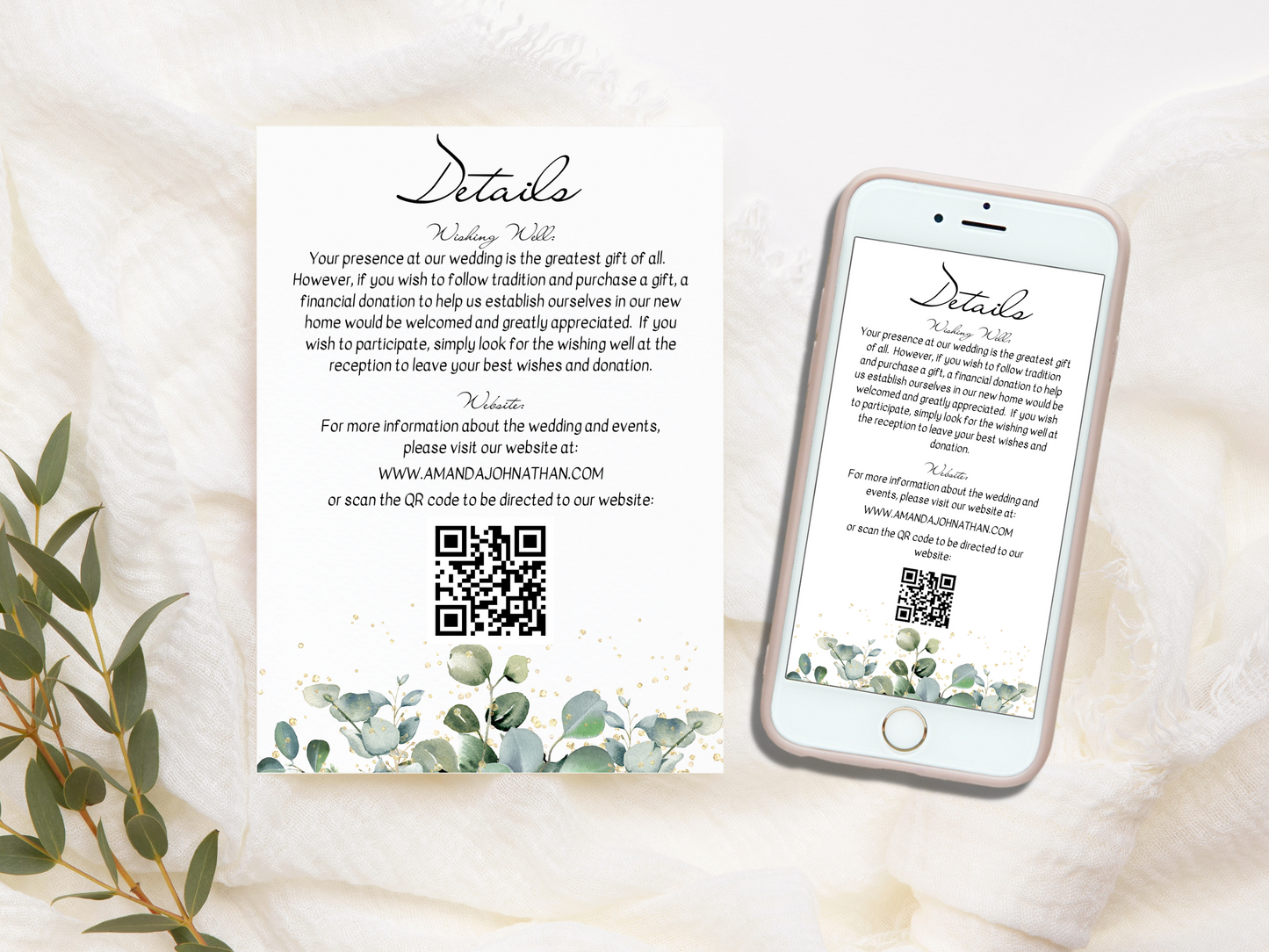 Eucalyptus & Gold Wedding Details Insert Templates, Printable & Digital Templates