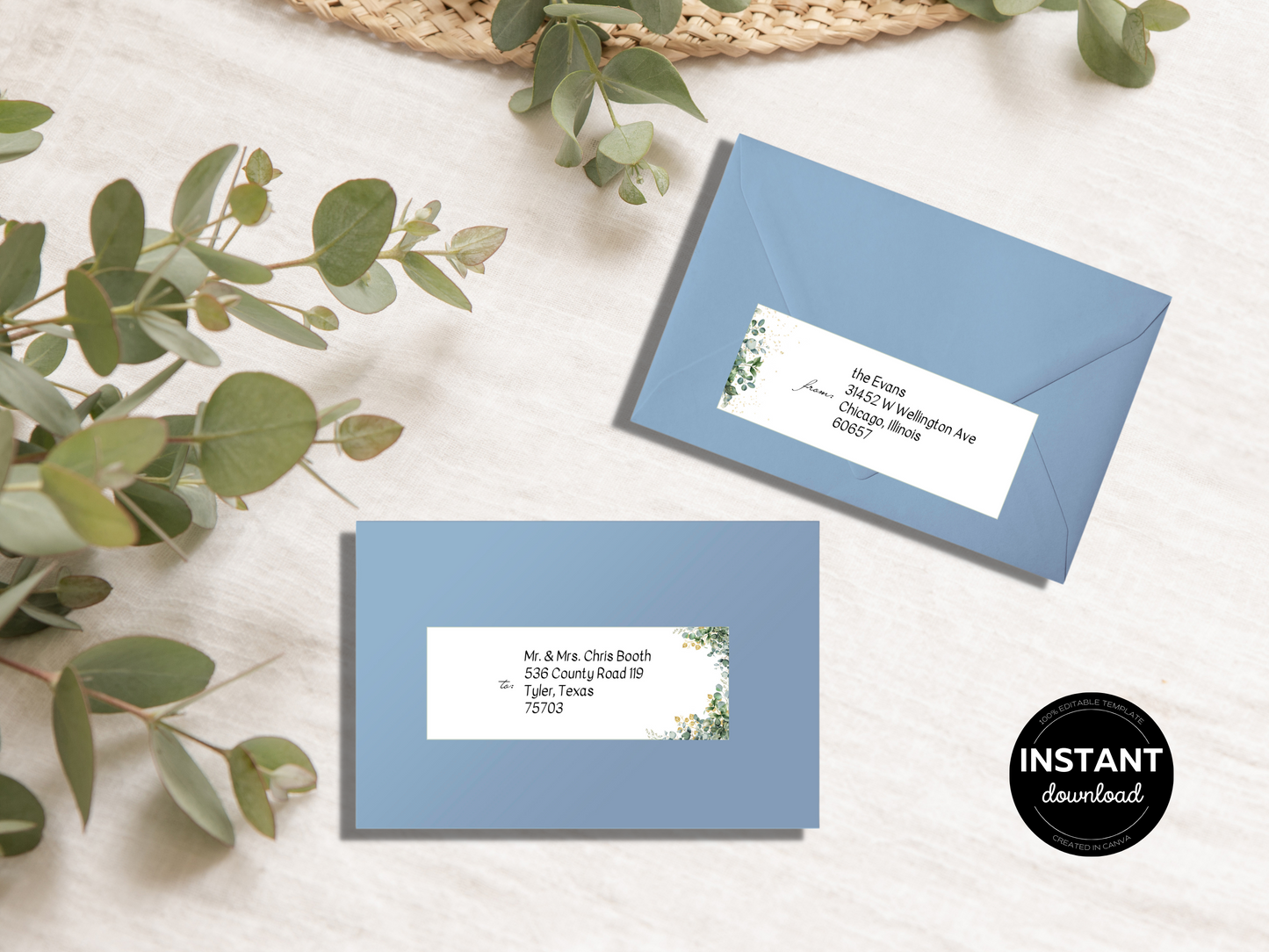 Eucalyptus & Gold Wedding Envelope Address Label Templates, Printable Templates