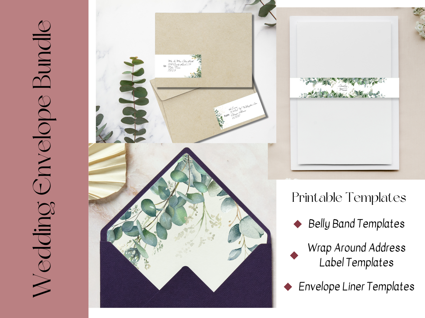 Eucalyptus & Gold Wedding Envelope Decoration Template Bundle, Printable Templates