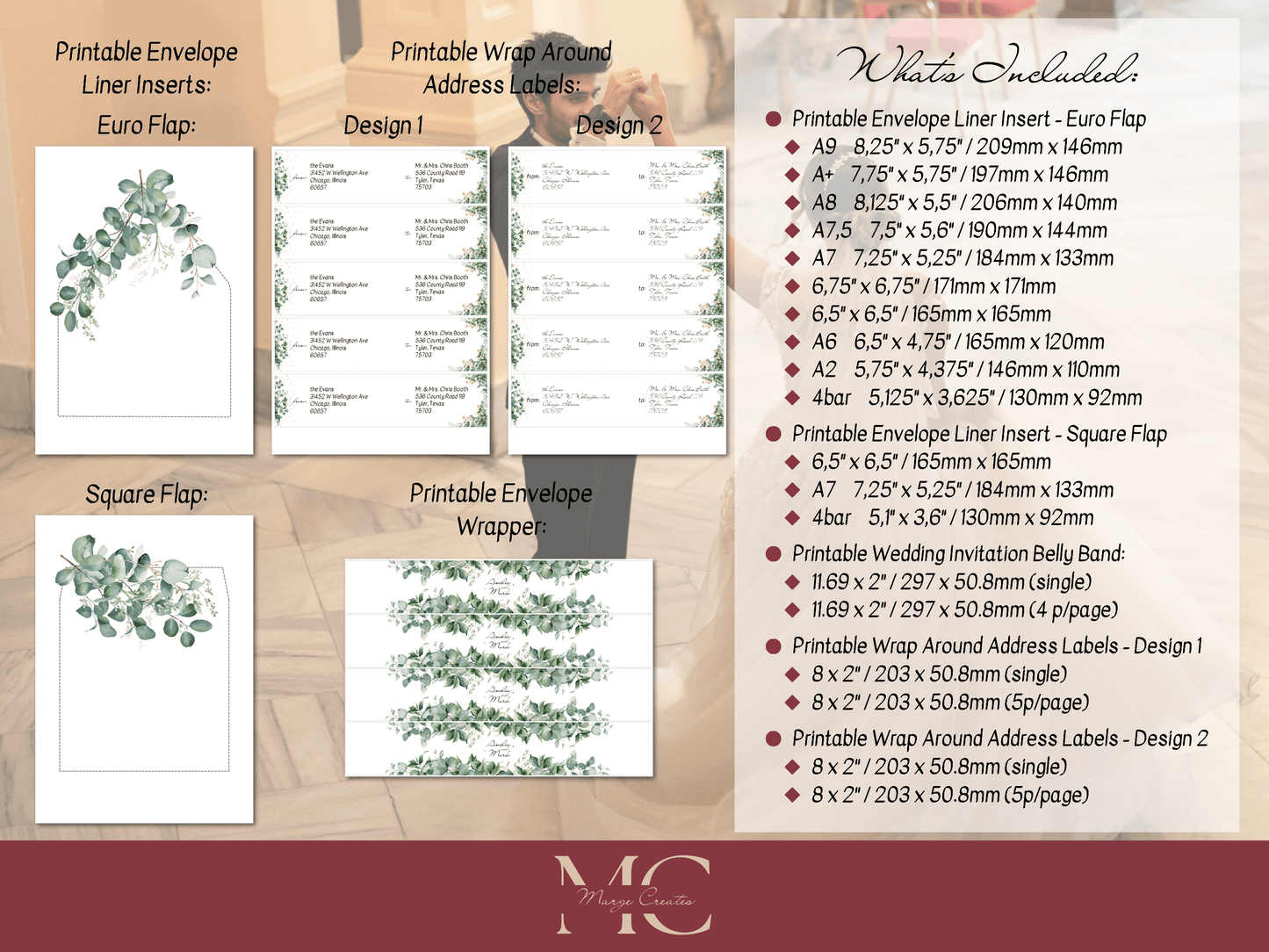 Eucalyptus & Gold Wedding Envelope Decoration Template Bundle, (WA), Printable Templates