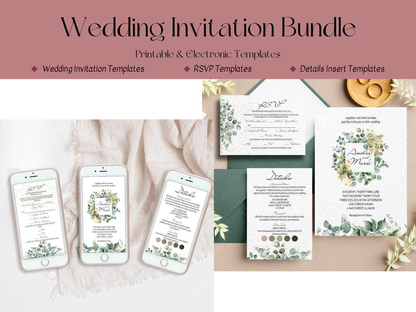Eucalyptus & Gold Wedding Invitation & Insert Cards Template Bundle, Printable & Digital Templates