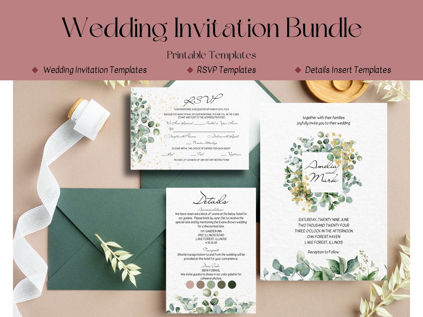 Eucalyptus & Gold Wedding Invitation & Insert Card Templates Bundle, Printable Templates