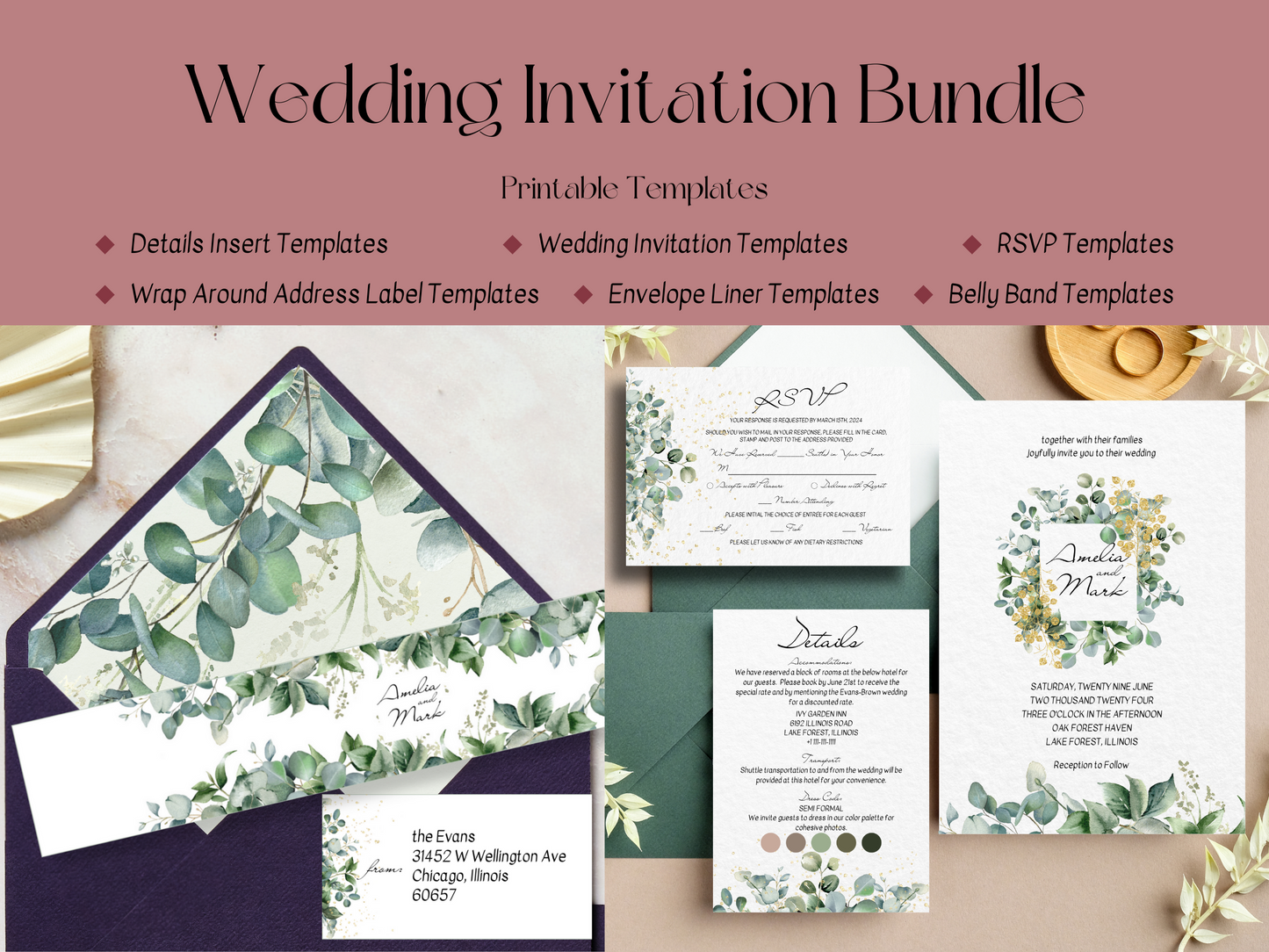 Eucalyptus & Gold Wedding Invitation Suite with Envelope Decorative Templates, Printable Templates