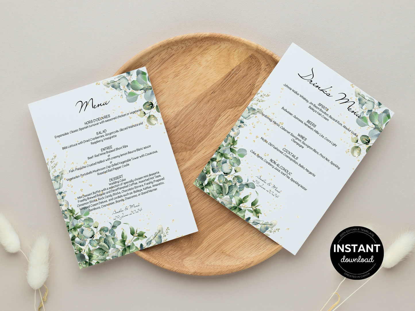 Eucalyptus & Gold Wedding Menu & Drinks Menu Templates, Printable Templates