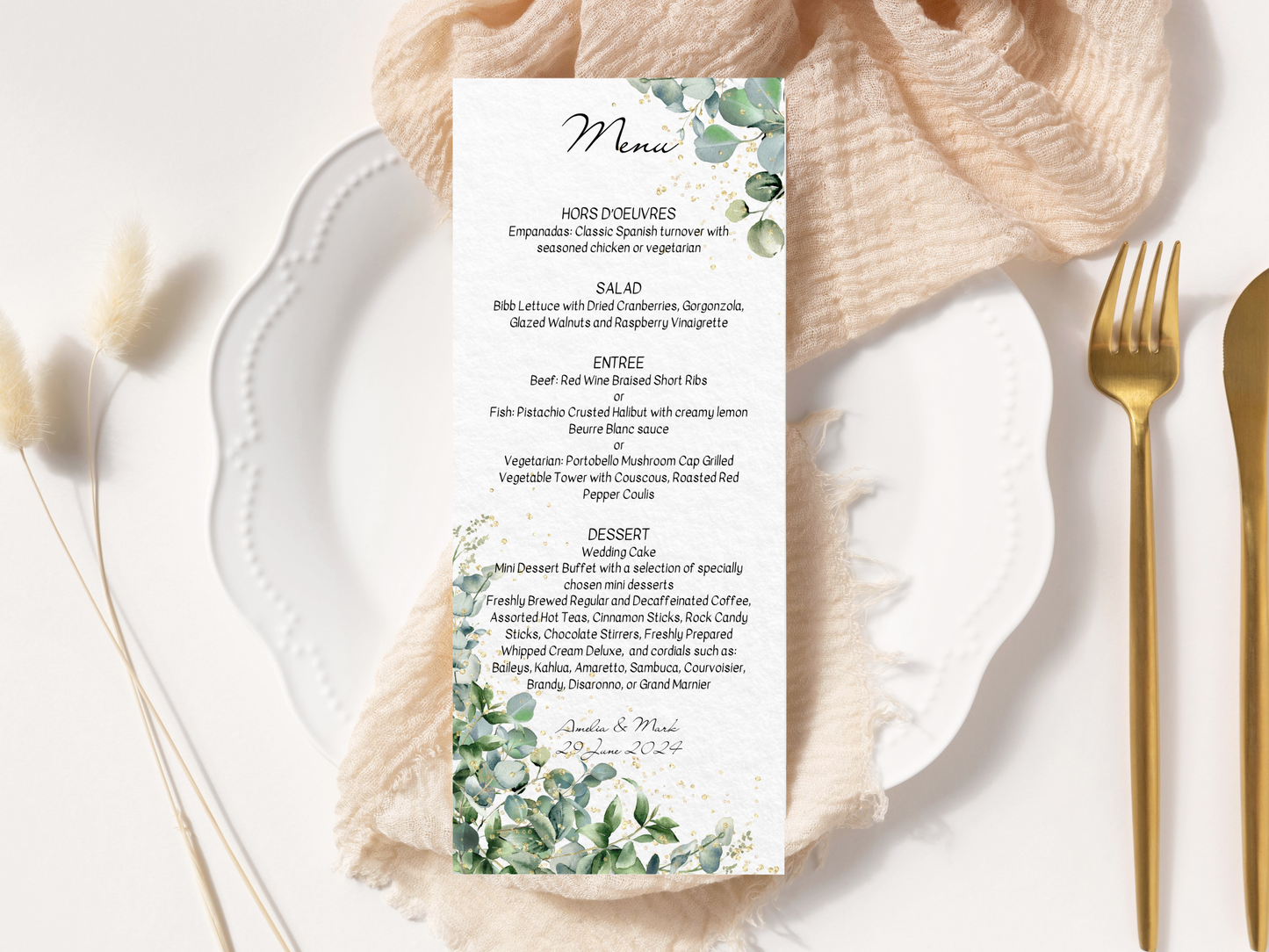 Eucalyptus & Gold Wedding Menu & Drinks Menu Templates, Printable Templates