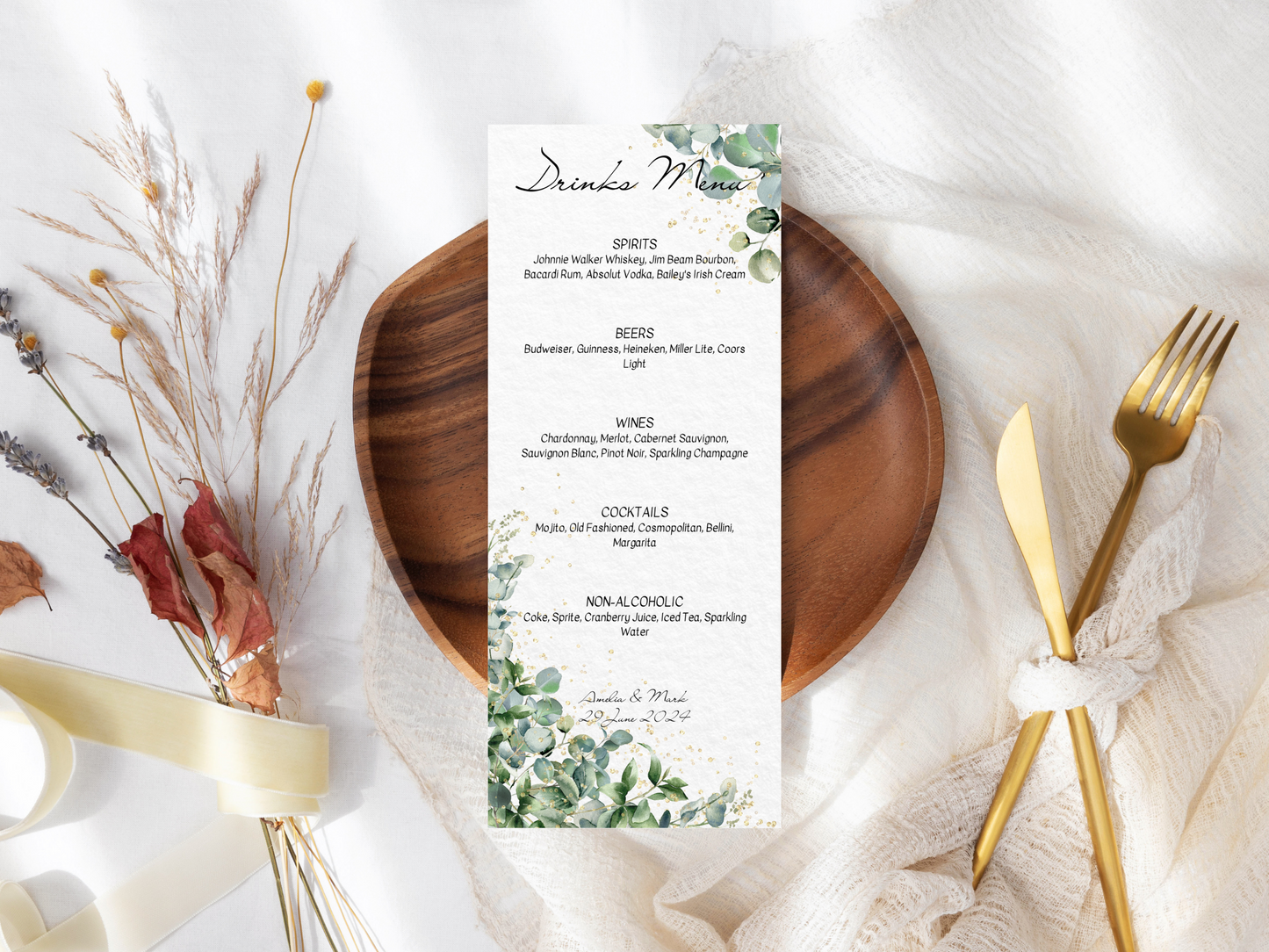 Eucalyptus & Gold Wedding Menu & Drinks Menu Templates, Printable Templates