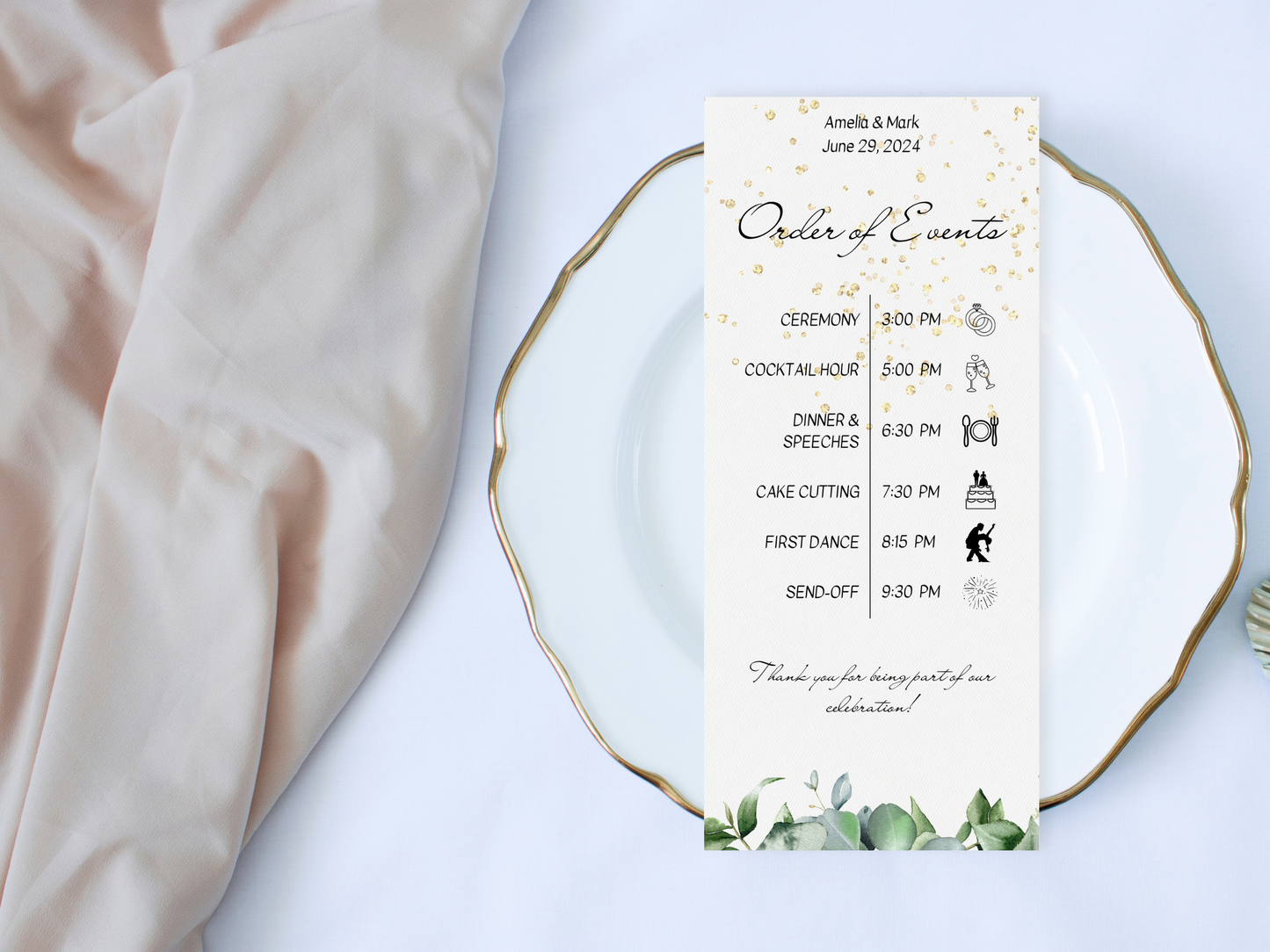 Eucalyptus & Gold Wedding Order of Event Templates, Printable Templates