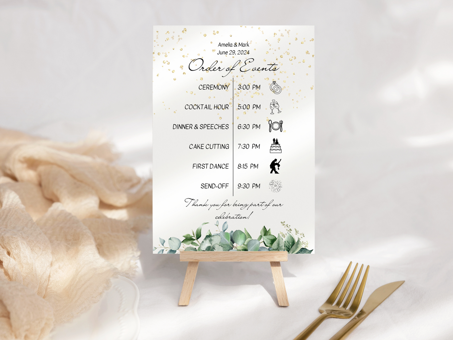 Eucalyptus & Gold Wedding Order of Event Templates, Printable Templates