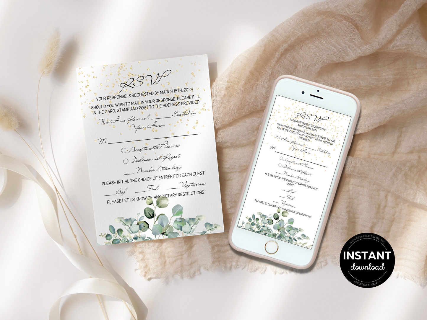 Eucalyptus & Gold Wedding RSVP Insert Templates, Printable & Digital Templates