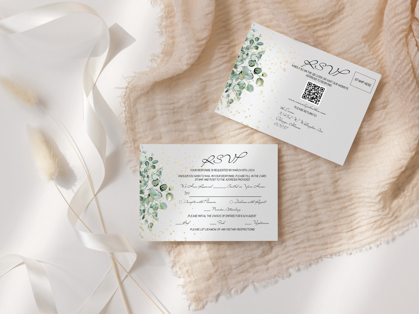 Eucalyptus & Gold Wedding RSVP Insert Templates, Printable & Digital Templates