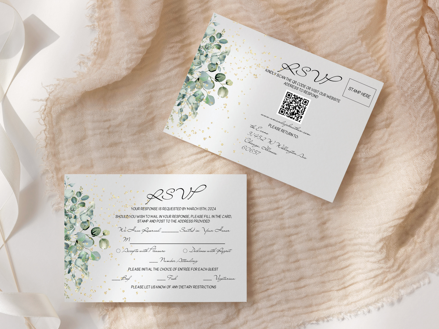 Eucalyptus & Gold Wedding Invitation & Insert Cards Template Bundle, Printable & Digital Templates