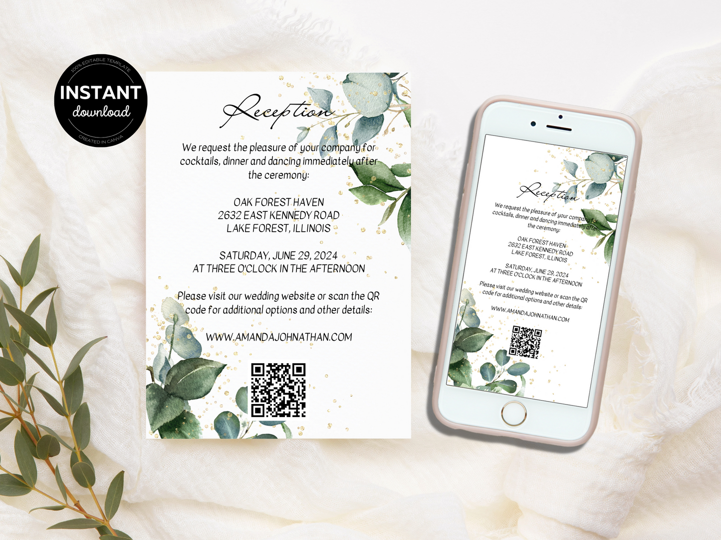 Eucalyptus & Gold Wedding Reception Invitation Templates, Printable & Digital Templates