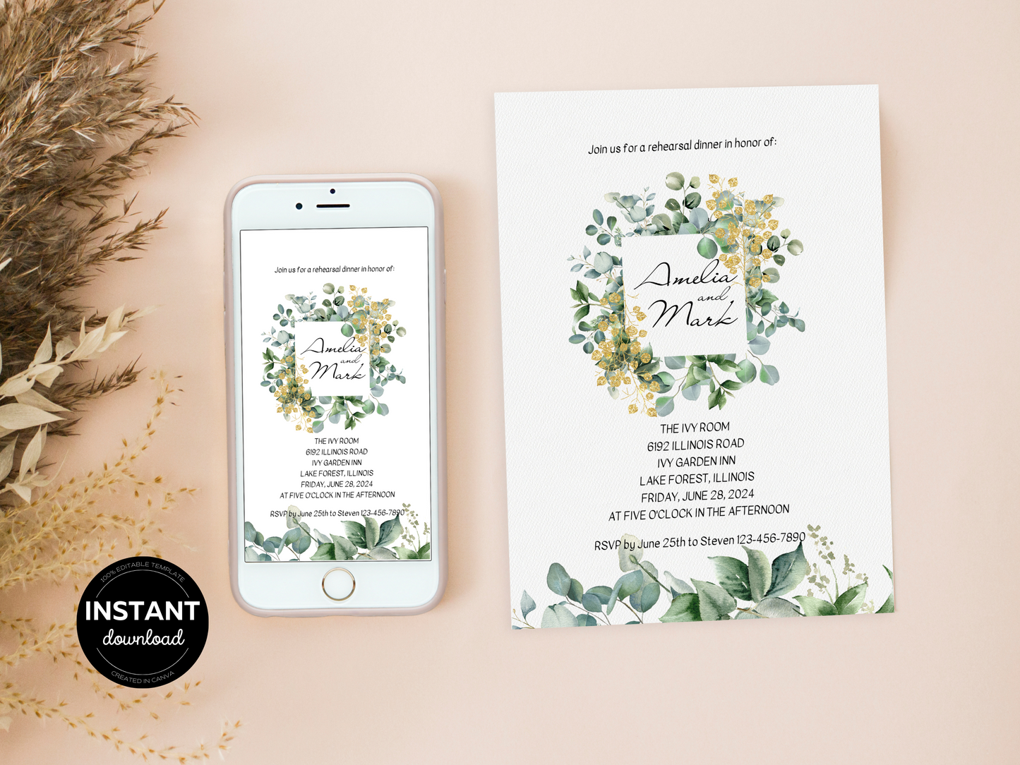 Eucalyptus & Gold Wedding Rehearsal Dinner Invitation Templates, Printable & Digital Templates