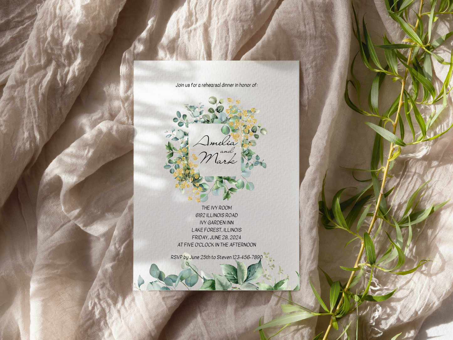Eucalyptus & Gold Wedding Rehearsal Dinner Invitation Templates, Printable & Digital Templates