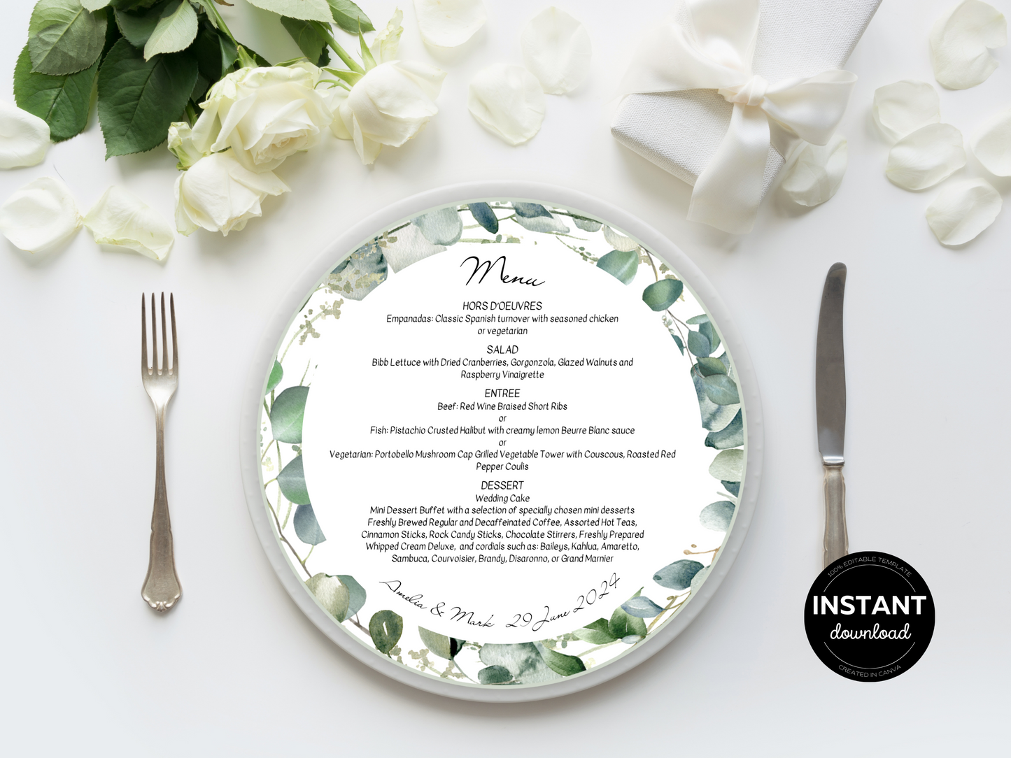 Eucalyptus Round Wedding Menu Templates, Printable Templates