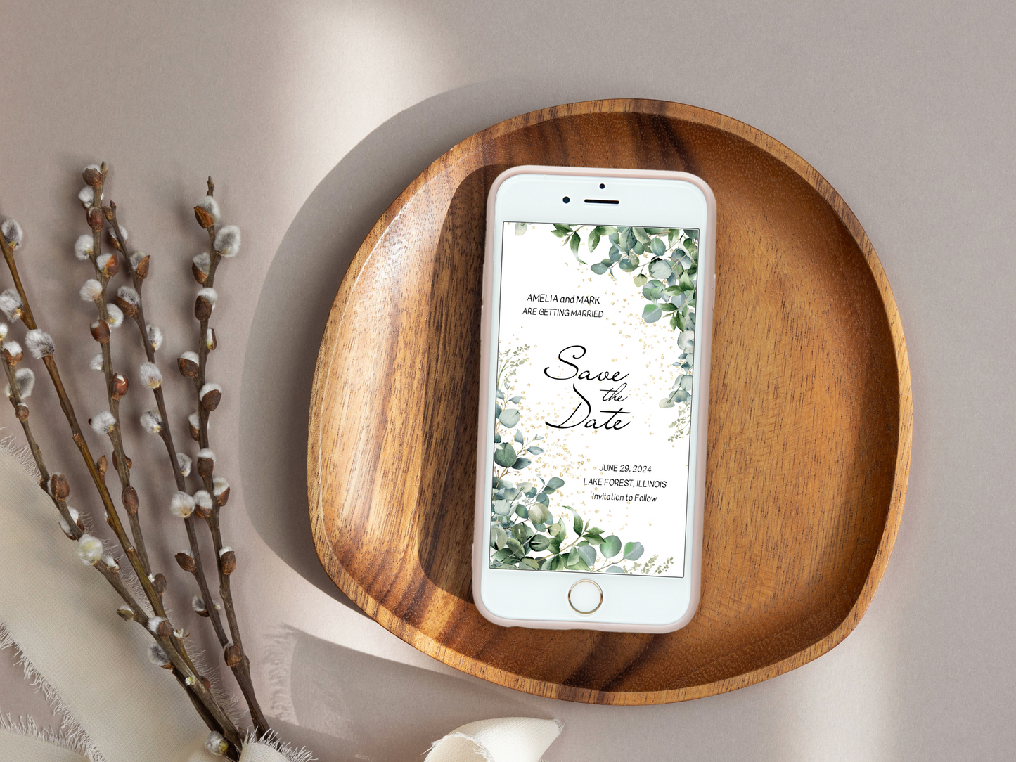 Eucalyptus & Gold Wedding Save the Date Templates, Printable & Digital Templates
