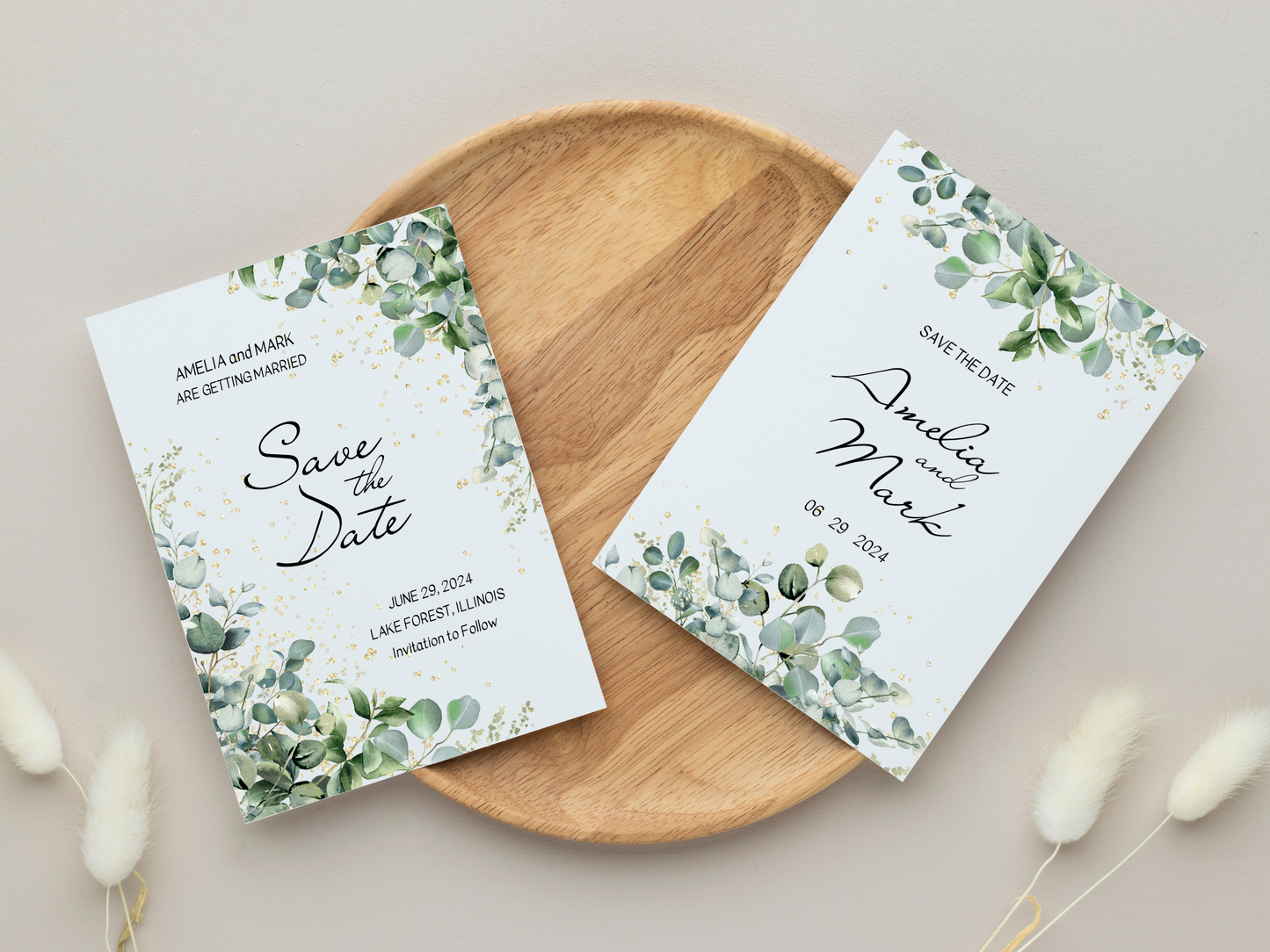 Eucalyptus & Gold Wedding Save the Date Templates, Printable & Digital Templates