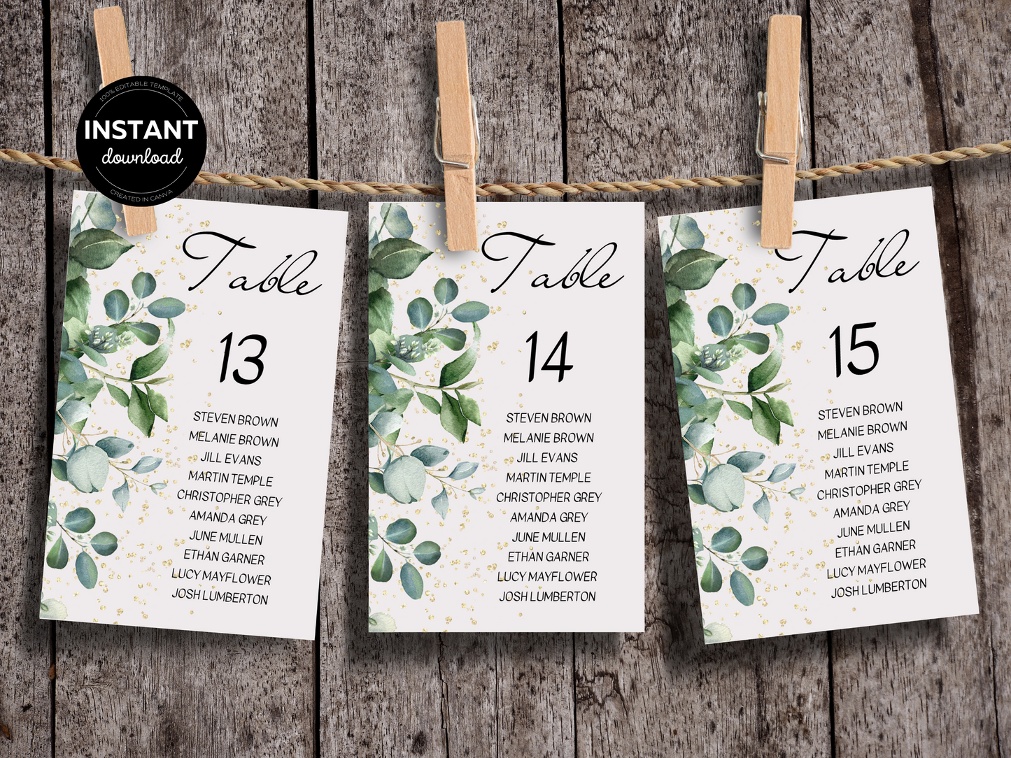 Eucalyptus & Gold Wedding Seating Chart Card Templates, Printable Templates