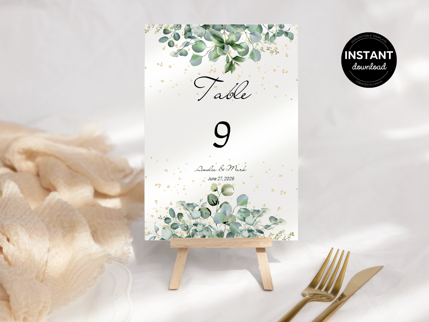 Eucalyptus & Gold Wedding Table Number Templates, Printable Templates