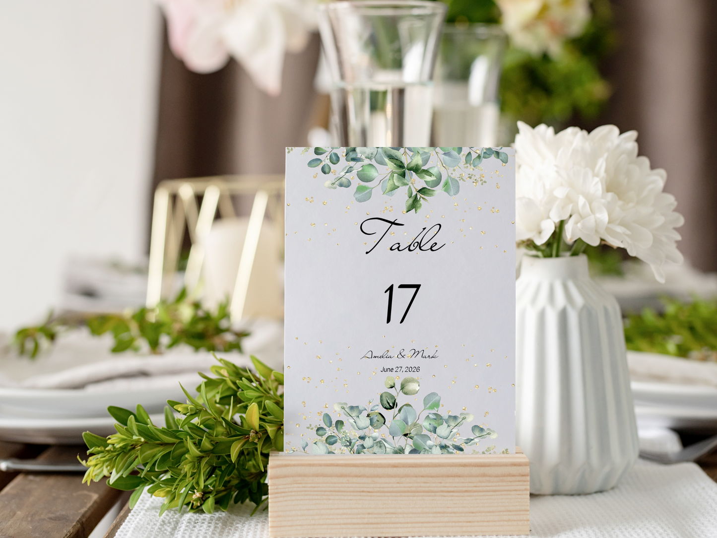 Eucalyptus & Gold Wedding Table Number Templates, Printable Templates