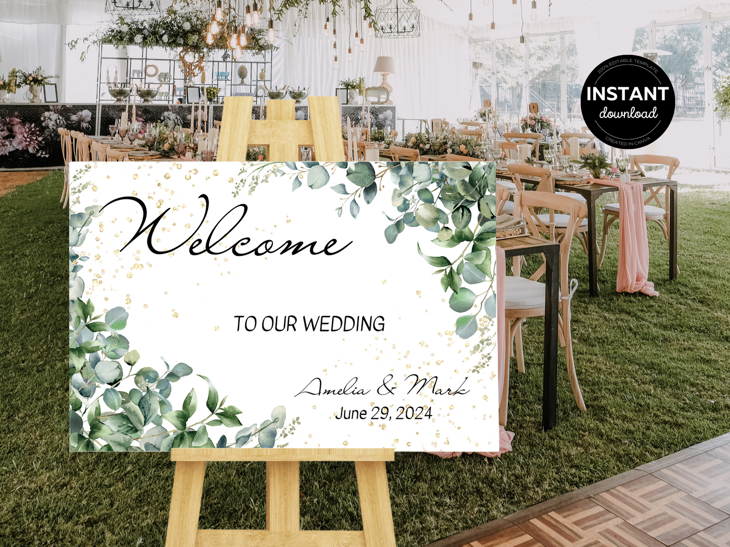 Eucalyptus & Gold Wedding Welcome Sign Templates, Printable Templates