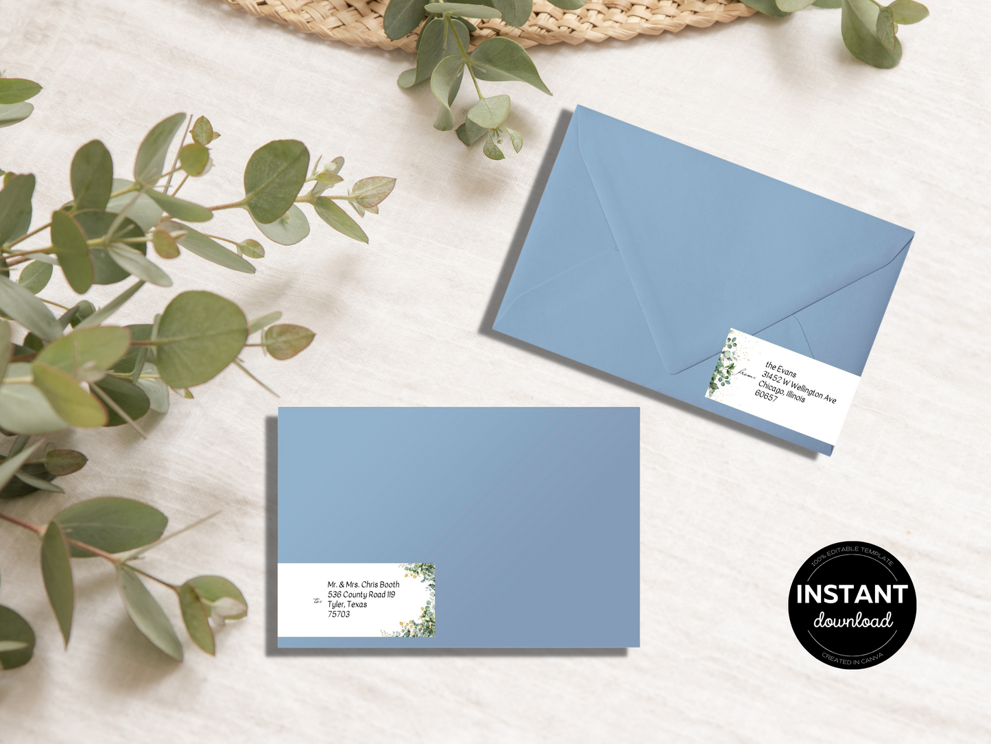 Eucalyptus & Gold Wedding Wrap Around Address Label Templates, Printable Templates