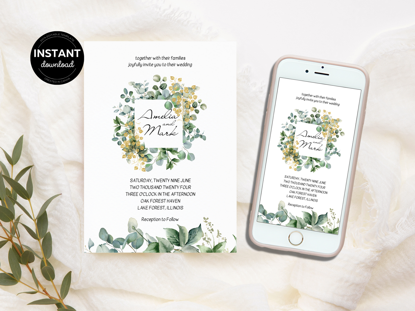Eucalyptus & Gold Wedding Invitation Templates, Printable & Digital Templates