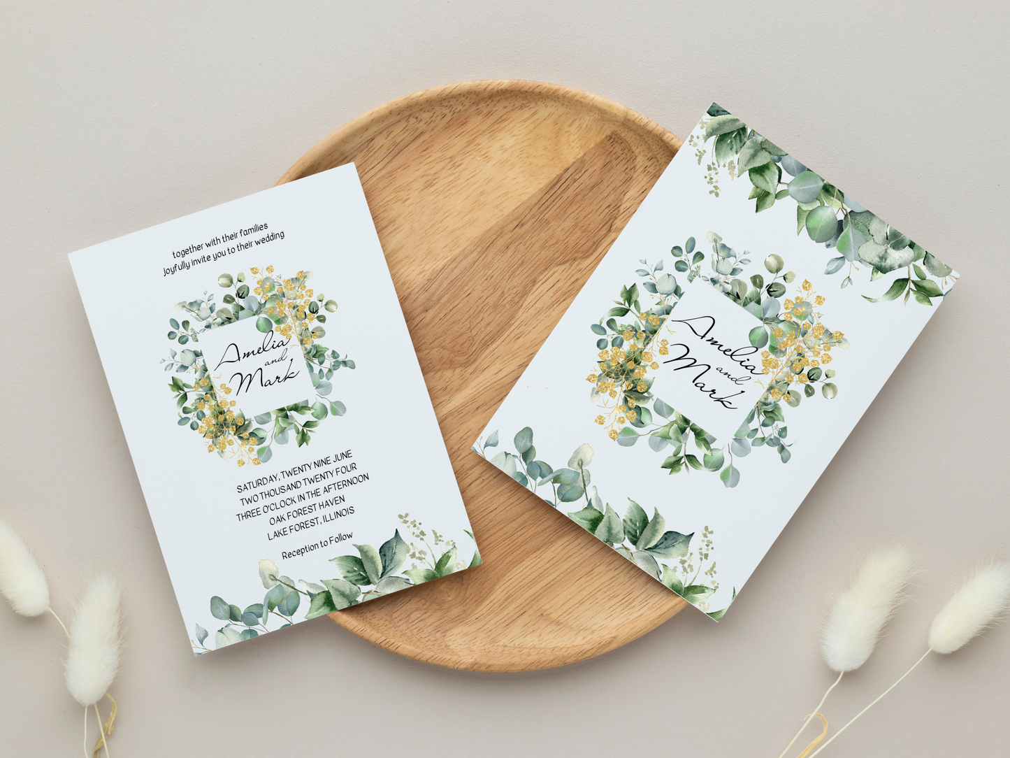 Eucalyptus & Gold Wedding Invitation & Insert Card Templates Bundle, Printable Templates