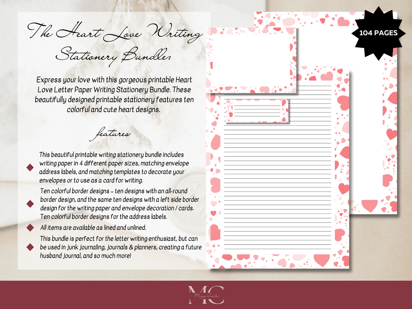 Heart Love Letter Paper Writing Stationary Set - Writing Paper, Address Labels, Envelope Decoration/Card, 10 Designs - 104 Pages