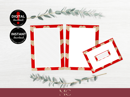 Heart Love Letter Paper Writing Stationary Set - Writing Paper, Address Labels, Envelope Decoration/Card, 10 Designs - 104 Pages