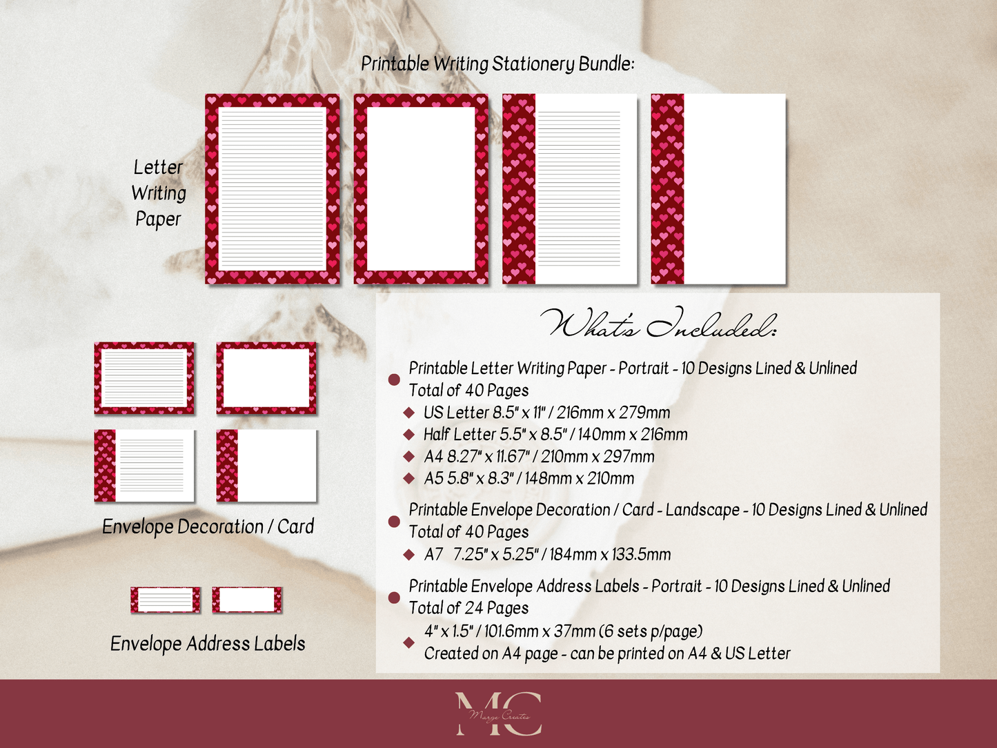 Heart Love Letter Paper Writing Stationary Set - Writing Paper, Address Labels, Envelope Decoration/Card, 10 Designs - 104 Pages