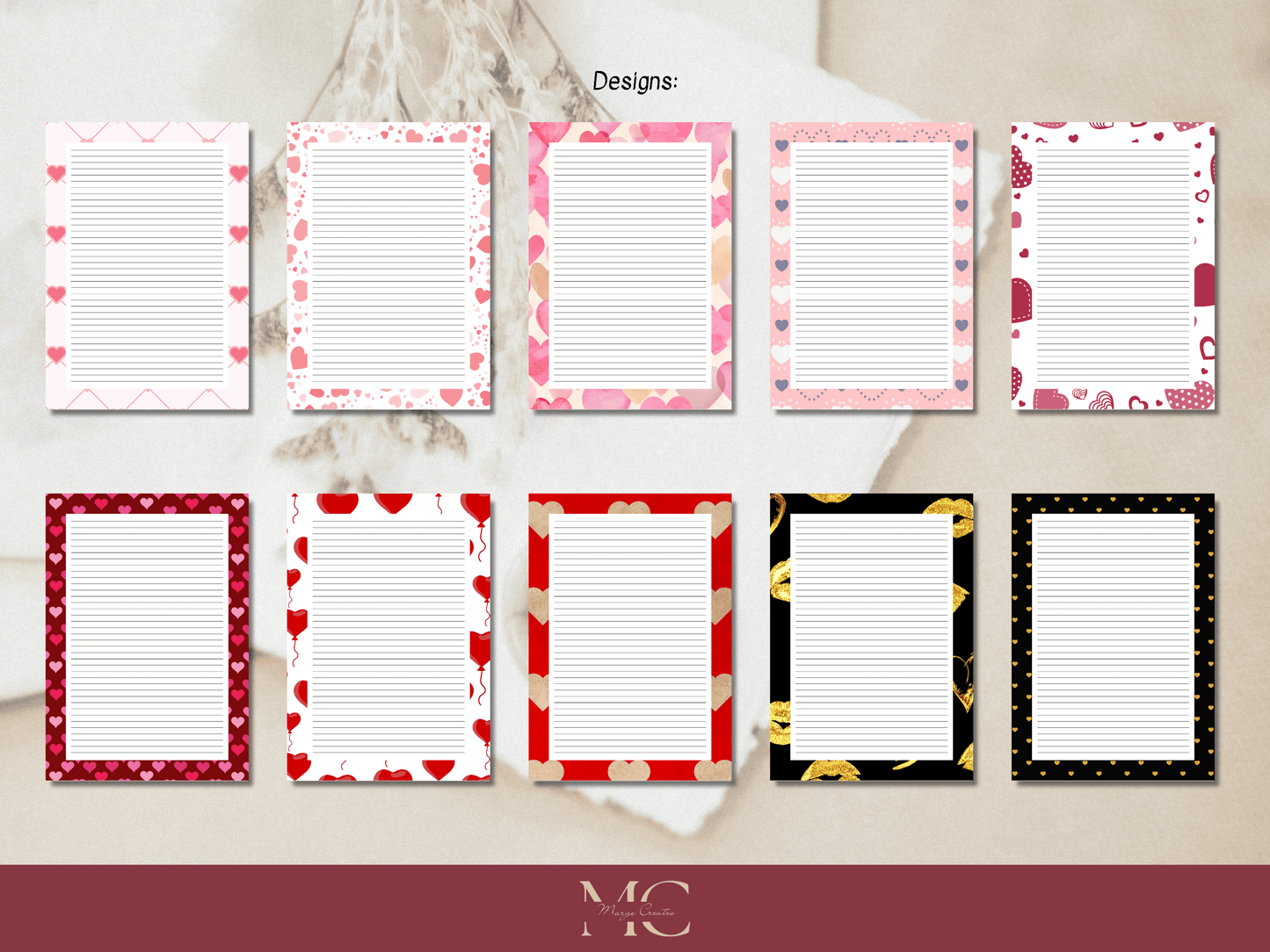 Heart Love Letter Paper Writing Stationary Set - Writing Paper, Address Labels, Envelope Decoration/Card, 10 Designs - 104 Pages