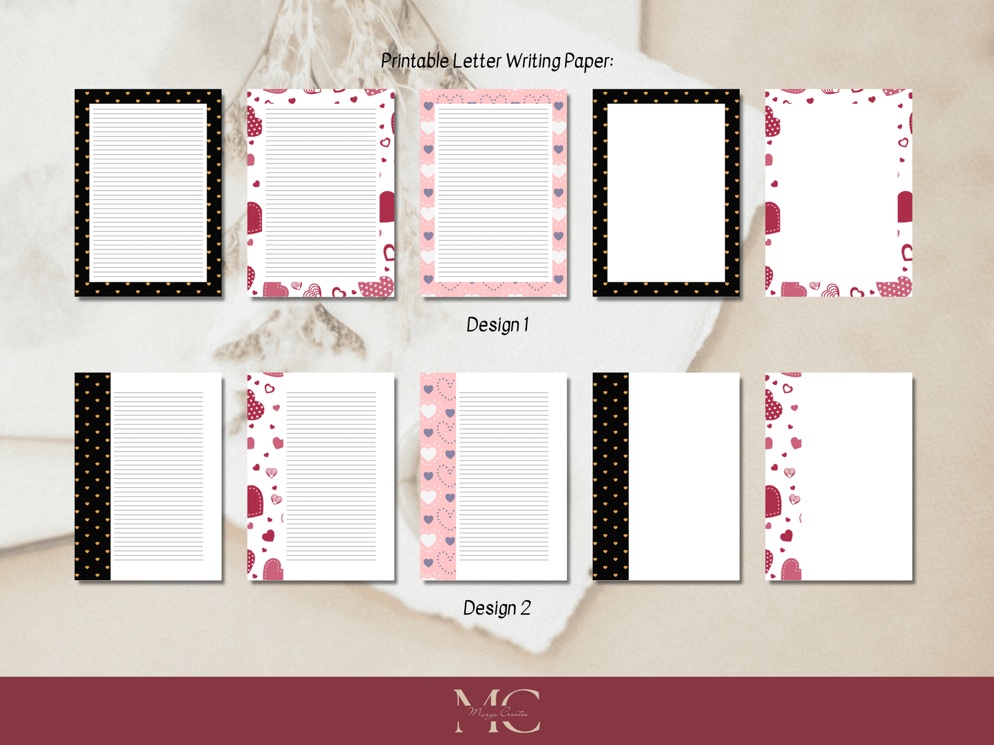 Heart Love Letter Paper Writing Stationary Set - Writing Paper, Address Labels, Envelope Decoration/Card, 10 Designs - 104 Pages