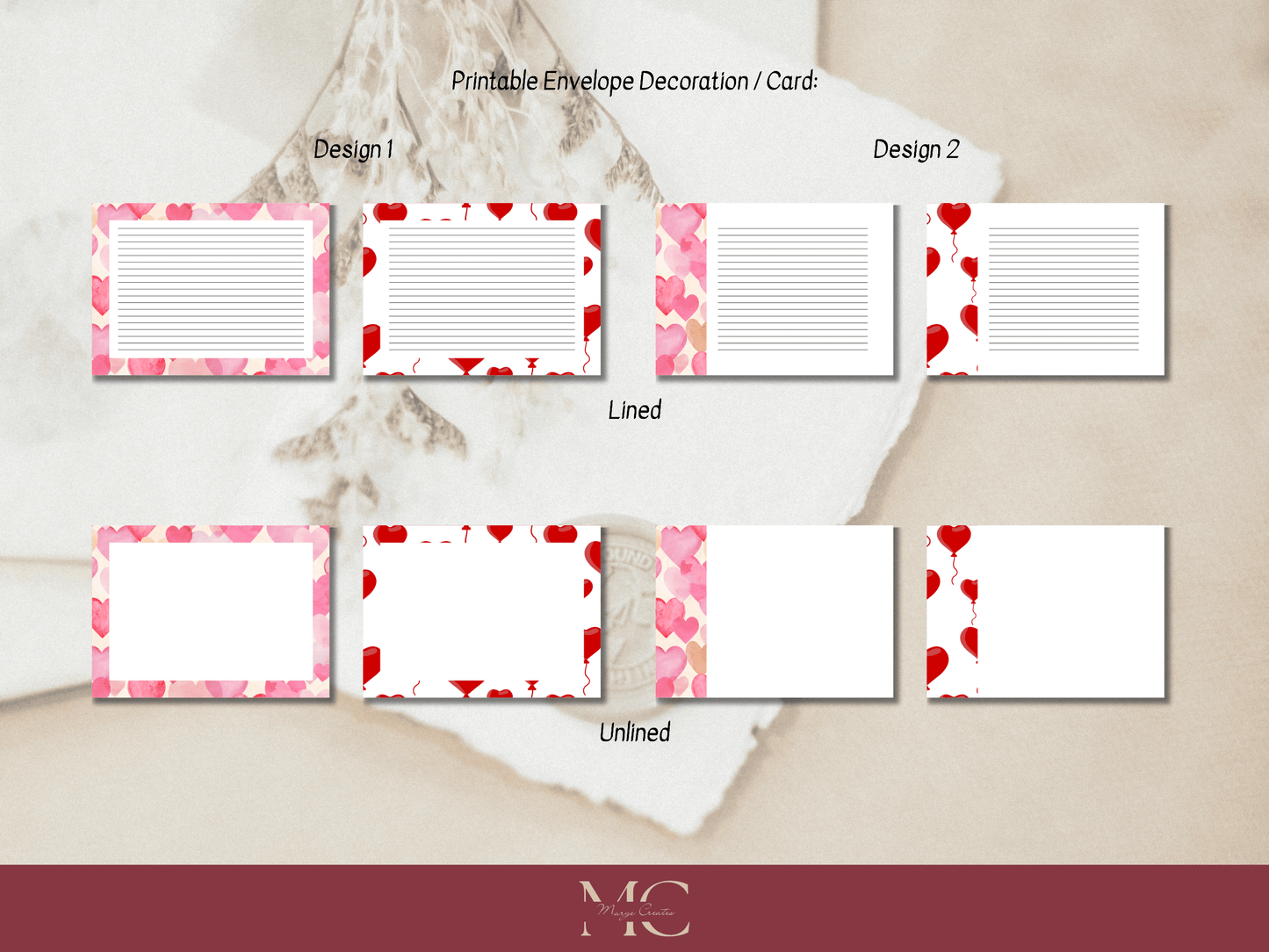 Heart Love Letter Paper Writing Stationary Set - Writing Paper, Address Labels, Envelope Decoration/Card, 10 Designs - 104 Pages