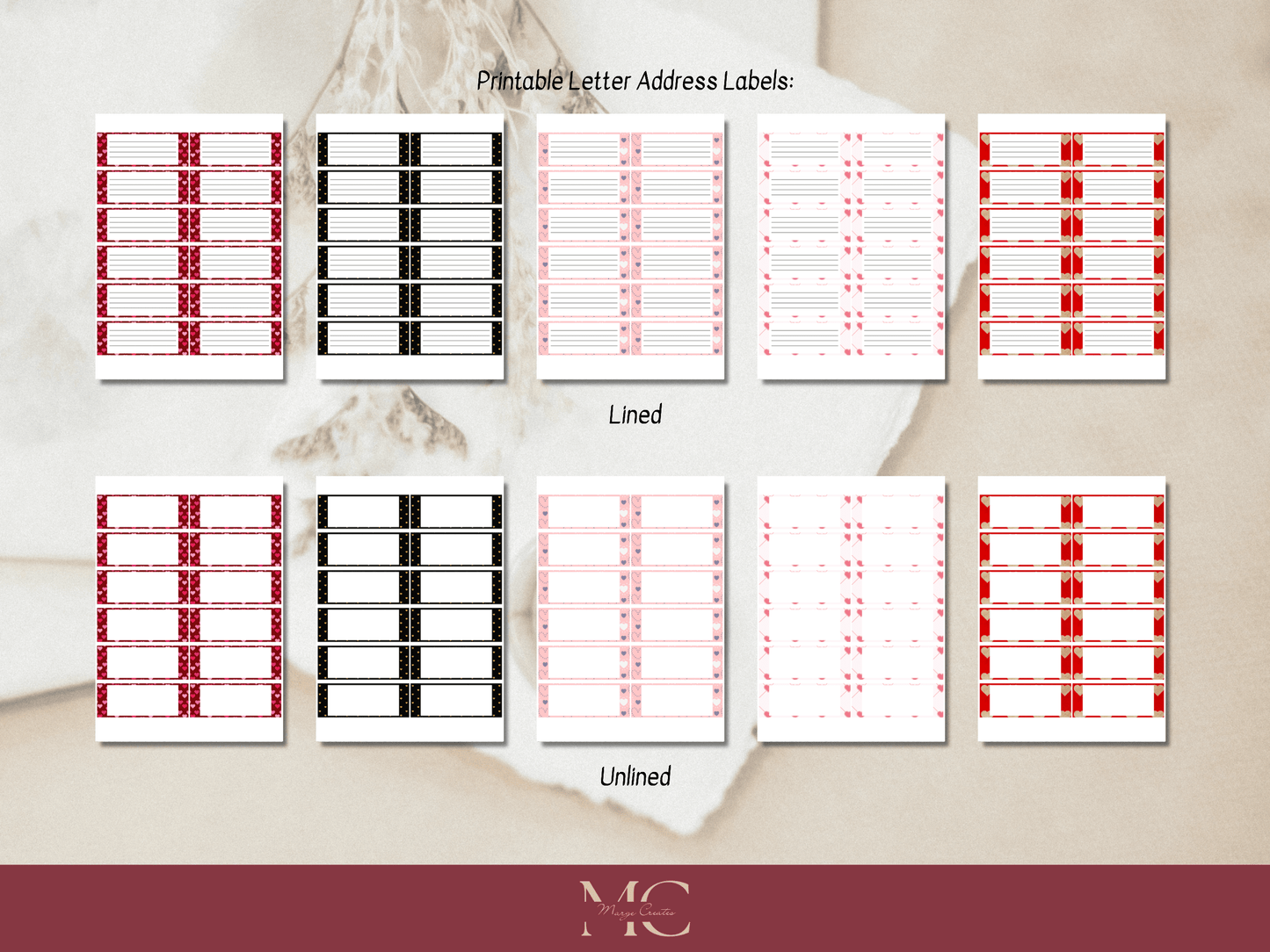Heart Love Letter Paper Writing Stationary Set - Writing Paper, Address Labels, Envelope Decoration/Card, 10 Designs - 104 Pages