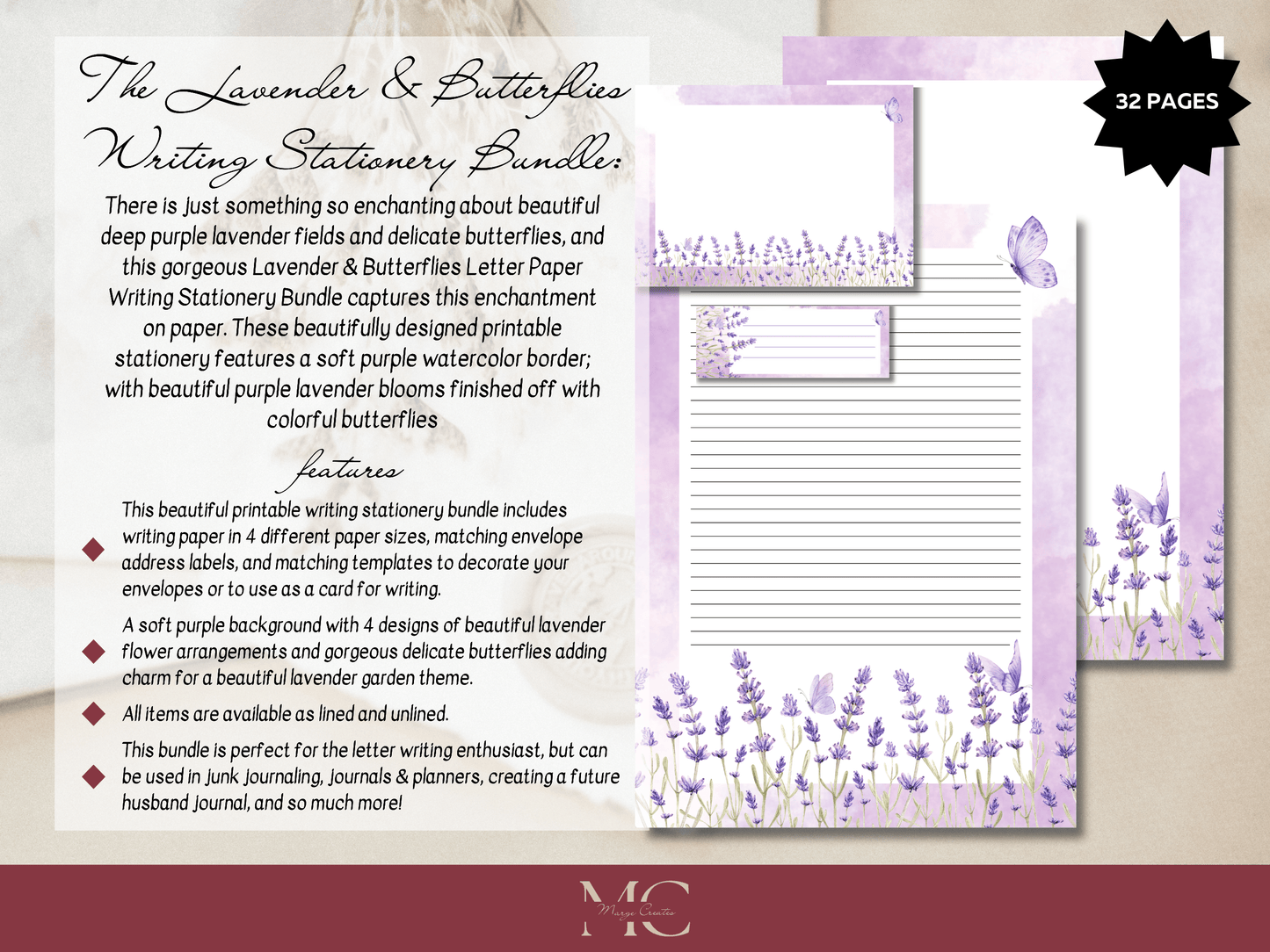 Lavender & Butterflies Letter Paper Writing Stationary Set - Writing Paper, Address Labels, Envelope Decoration/Card, 4 Designs - 32 Pages