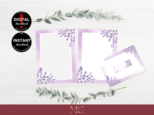 Lavender & Butterflies Letter Paper Writing Stationary Set - Writing Paper, Address Labels, Envelope Decoration/Card, 4 Designs - 32 Pages