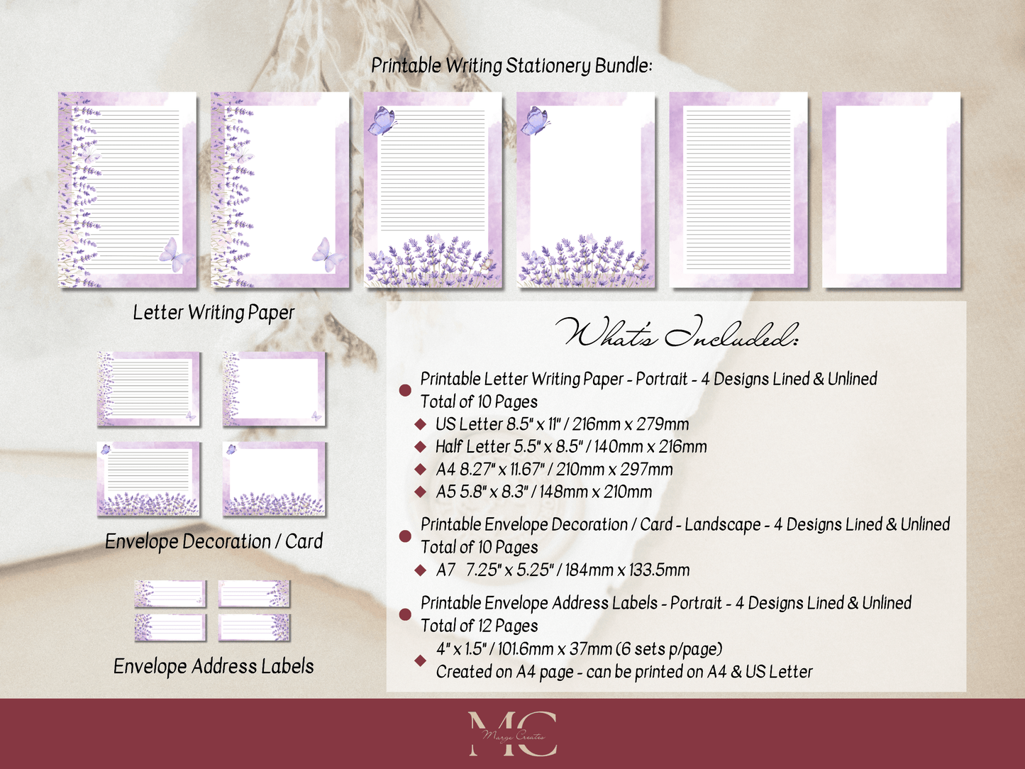Lavender & Butterflies Letter Paper Writing Stationary Set - Writing Paper, Address Labels, Envelope Decoration/Card, 4 Designs - 32 Pages