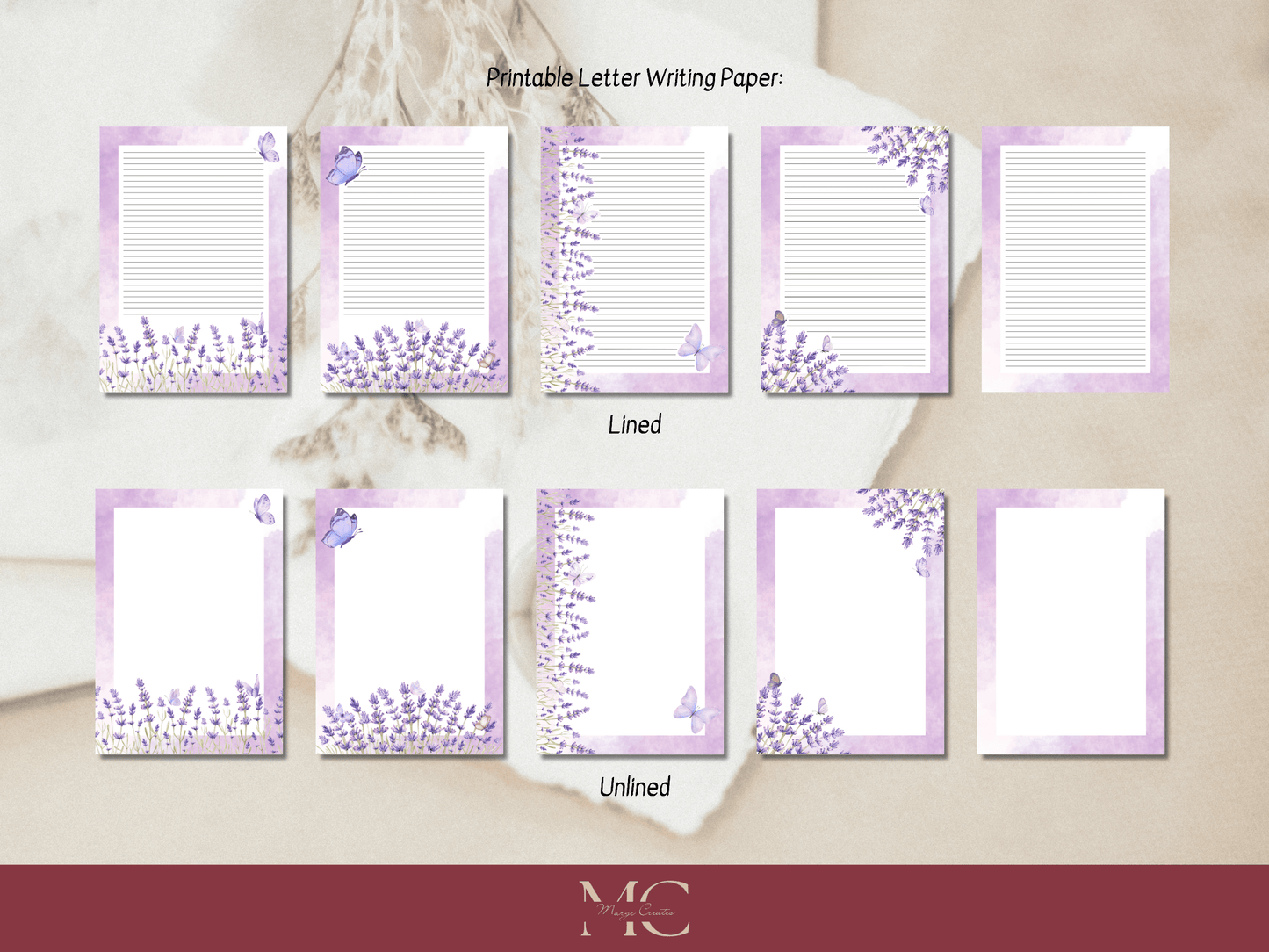 Lavender & Butterflies Letter Paper Writing Stationary Set - Writing Paper, Address Labels, Envelope Decoration/Card, 4 Designs - 32 Pages