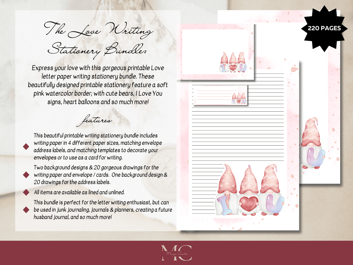 Love Letter Paper Writing Stationery Set - Writing Paper, Address Labels, Envelope Decoration/Card, 20 Designs - 220 Pages