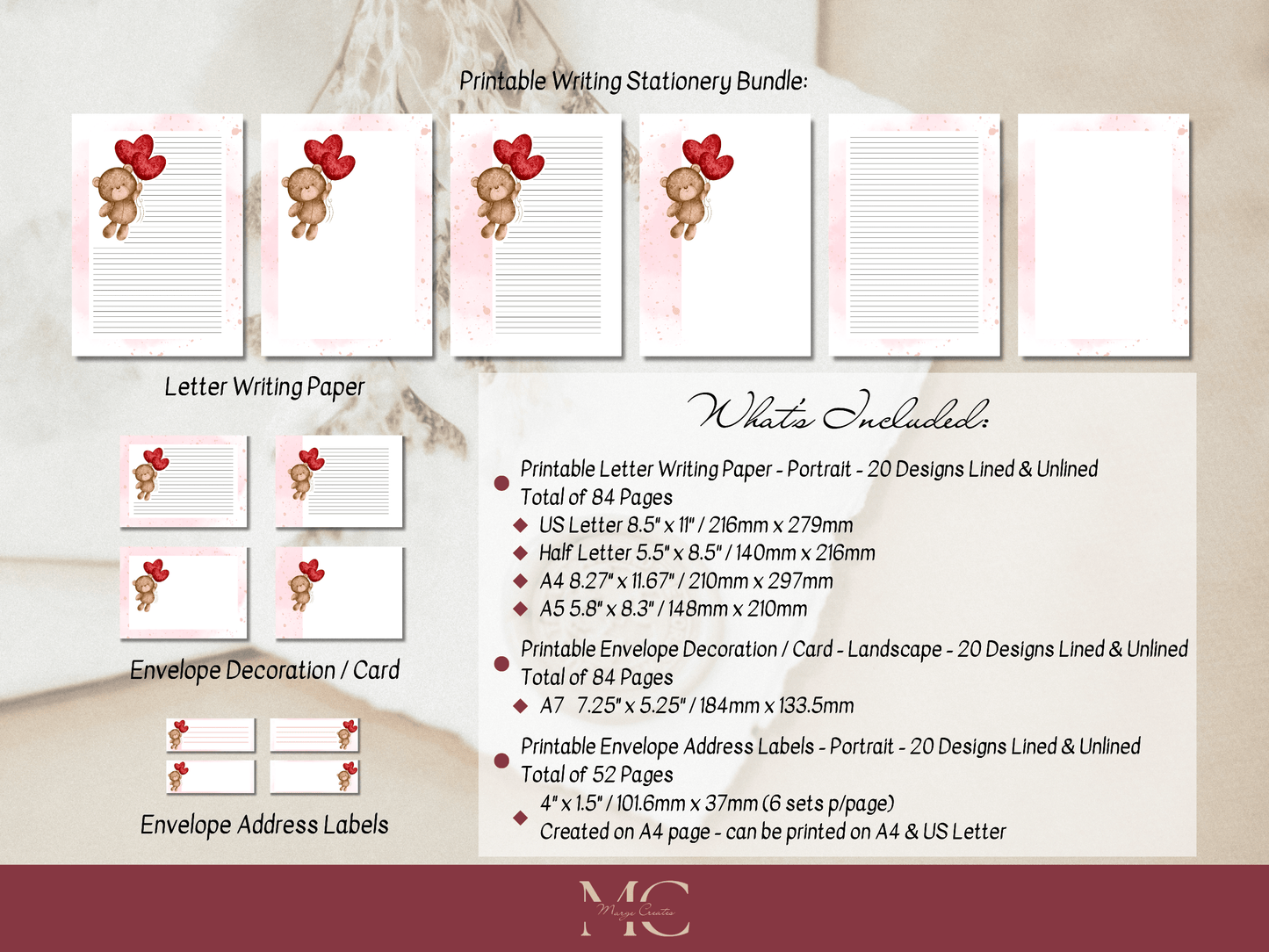 Love Letter Paper Writing Stationery Set - Writing Paper, Address Labels, Envelope Decoration/Card, 20 Designs - 220 Pages