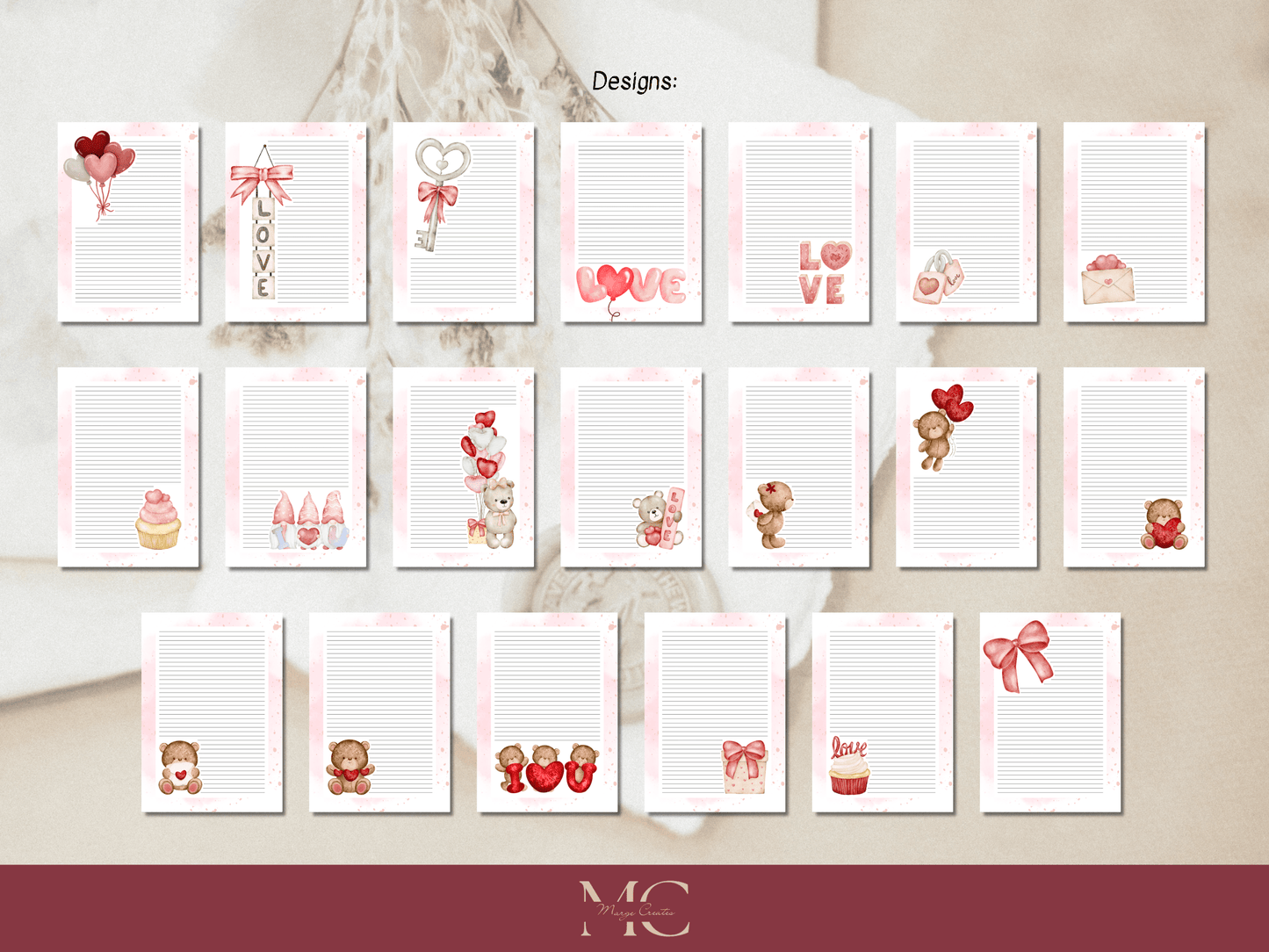 Love Letter Paper Writing Stationery Set - Writing Paper, Address Labels, Envelope Decoration/Card, 20 Designs - 220 Pages
