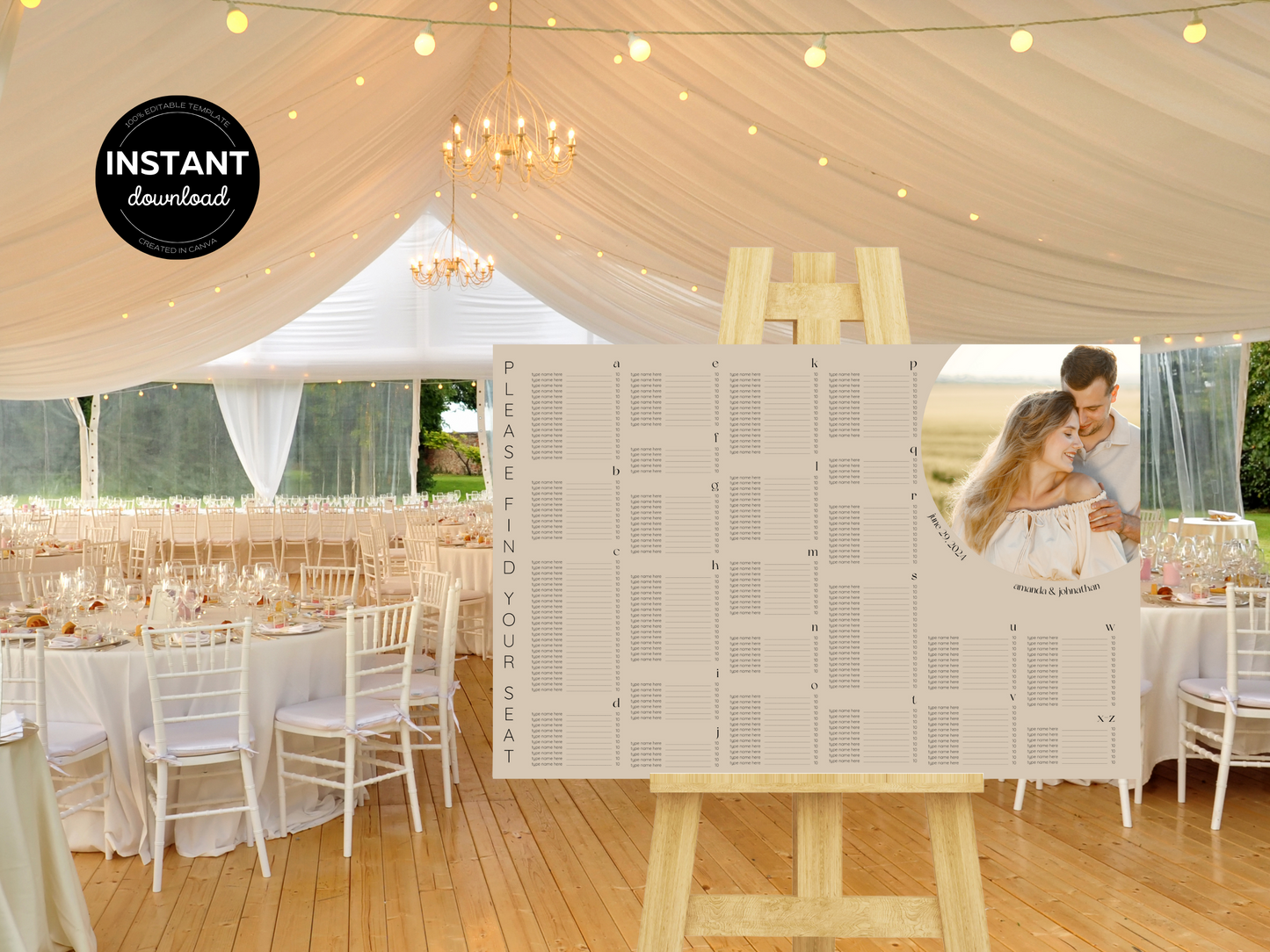 Minimalist Photo Wedding Alphabetical Seating Chart Template, Printable Templates