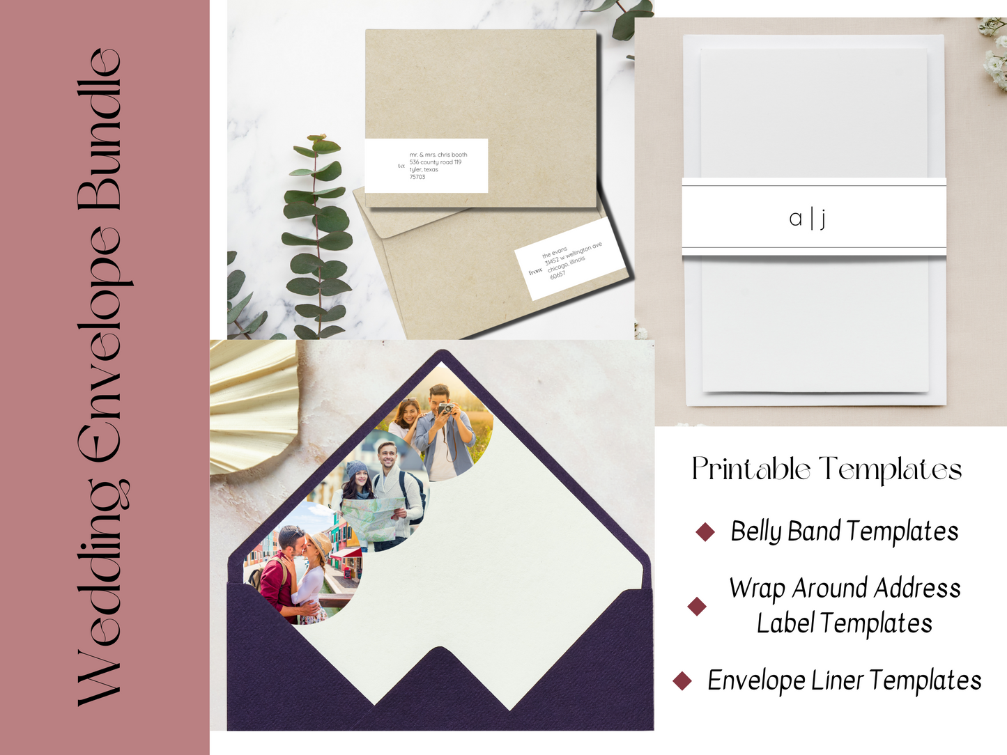 Minimalist Photo Wedding Envelope Decorative Template Bundle, Printable Templates