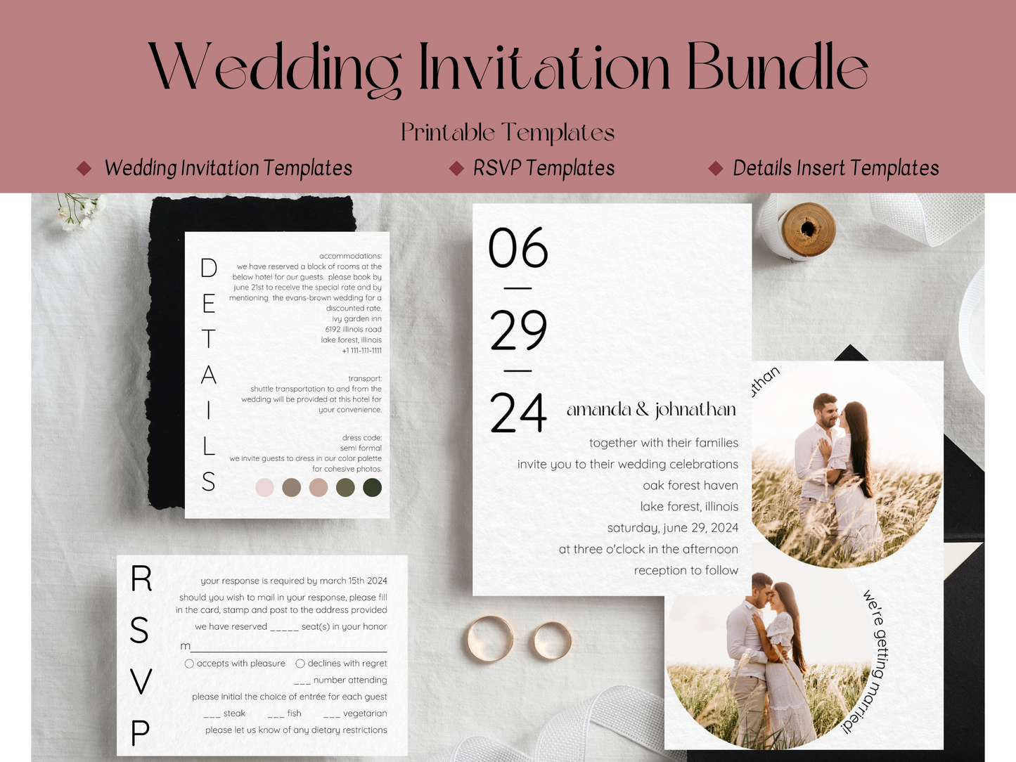 Minimalist Photo Wedding Invitation & Insert Card Template Bundle, Printable Templates