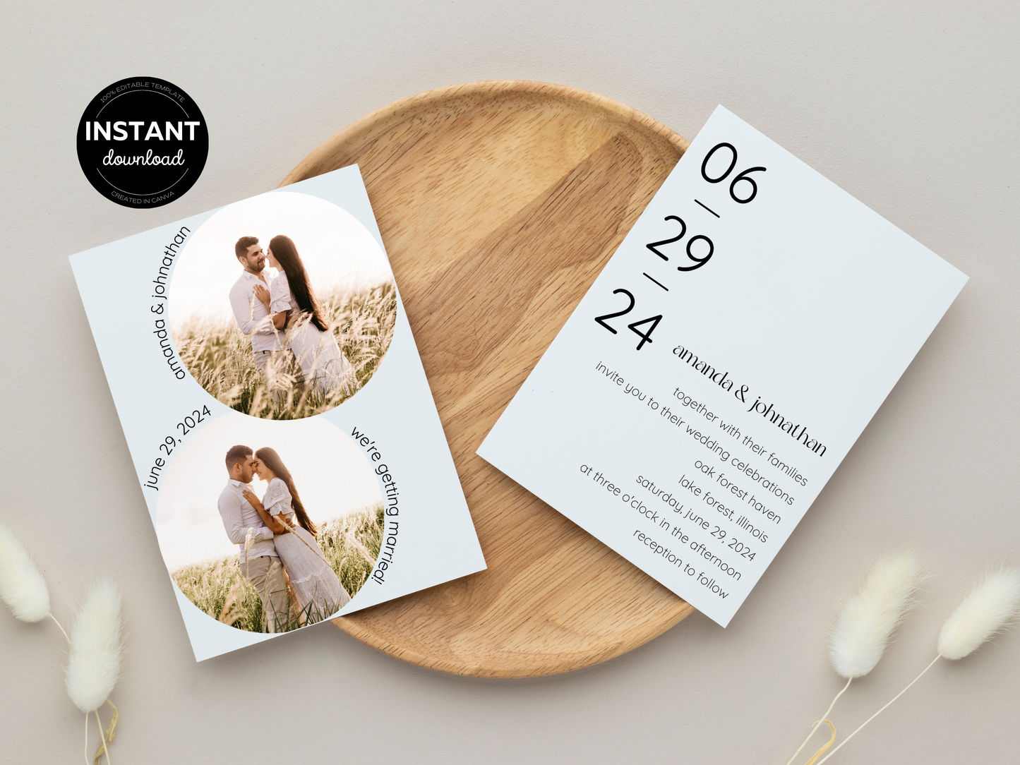 Minimalist Photo Wedding Invitation & Insert Card Template Bundle, Printable Templates