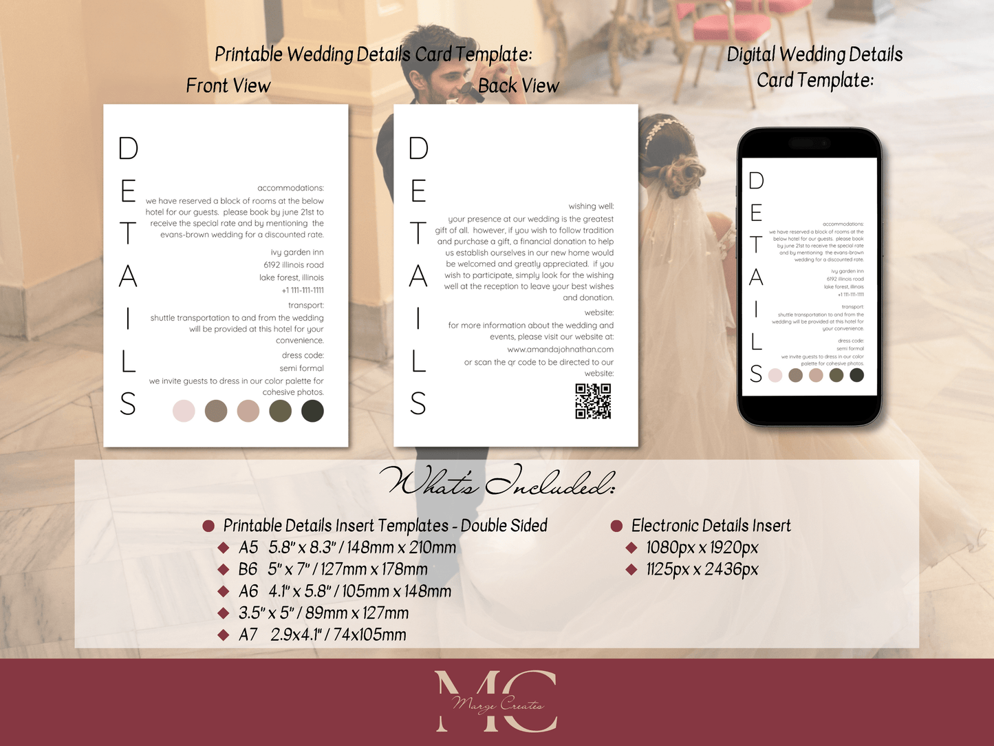 Minimalist Wedding Details Insert Template, Printable & Digital Templates